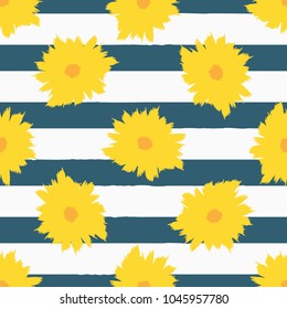 Abstract flowers on striped background. Stylish floral seamless pattern. Painted by hand with rough brush. Feminine print. Vector illustration.