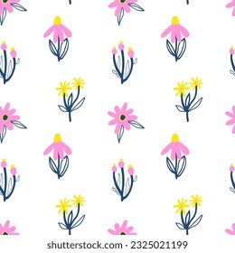 Flores abstractas sobre fondo blanco sin costuras. Un adorno de moda sin vectores.