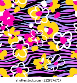  Abstract flowers on a zebra stripes background. Vector seamless pattern for printing on fabric and paper.