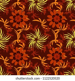 Abstract flowers in orange, red and brown colors. Vector illustration. Seamless background floral pattern.