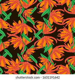 abstract flowers of orange and red colors with green leaves drawn on a dark brown background, seamless pattern vector