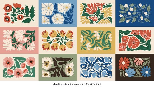 Abstract flowers. Organic doodle shapes, trendy matisse art style, floral contemporary elements, botanical decorations, horizontal background, banner design, vintage tidy vector set