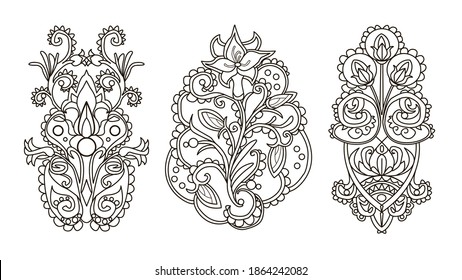 Abstract flowers ornamental outline. Antistress coloring book black and white vector hand drawn illustrations set. for posters, tattoo, stickers, design. 