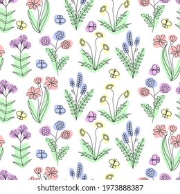 Abstract flowers outlines seamless pattern. Floral pattern on a white background for design, wallpaper, packaging.