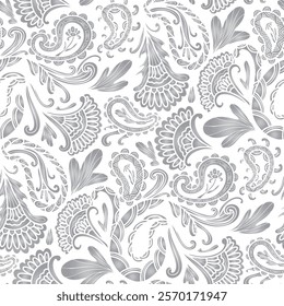 Abstract flowers, paisley floral pattern, grey and white colors. Seamless floral pattern-580.
