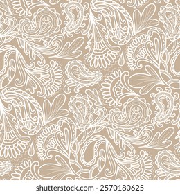 Abstract flowers, paisley floral pattern, beige and white colors. Seamless floral pattern-581.