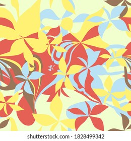 Abstract flowers in pastel colors seamless pattern. Flowers in blue, beige, red and yellow color. Background texture for design, printing, textiles, fabrics, packaging, wrapping paper, wallpaper
