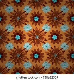 Abstract flowers pattern in blue, orange and brown colors. Retro design. Seamless floral pattern, delicate flower vector wallpaper, wildflowers, tansy.