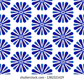 abstract flowers pattern blue and white, ceramic floral seamless background, beautiful tile design, cute porcelain indigo flora wallpaper decor, vector illustration