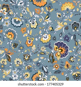 abstract of abstract of flowers, pattern of branches. Blue background. 