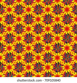Abstract flowers pattern in brown, orange and yellow colors. Retro design. Seamless floral pattern, delicate flower vector wallpaper, wildflowers, tansy.