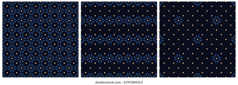 Abstract flowers pattern geometric motif seamless classic blue background. Elegant ditsy floral textile fabric material design.