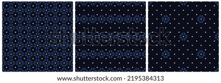 Abstract flowers pattern geometric motif seamless classic blue background. Elegant ditsy floral textile fabric material design.