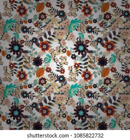 Abstract flowers pattern in green, brown and beige colors. Retro design. Seamless floral pattern, delicate flower vector wallpaper, wildflowers, tansy.