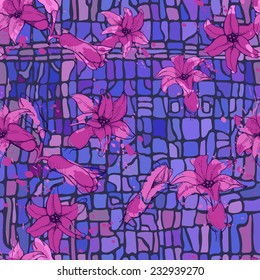 abstract flowers pattern with hiacinth and blue background