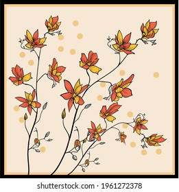 Abstract flowers pattern on beige background. Vector patch for print, fabric, scarf design.