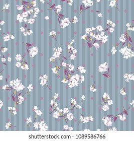 abstract flowers pattern on dark blue background on stripes