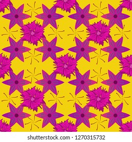 Abstract flowers pattern in orange, magenta and purple colors. Retro design. Seamless floral pattern, delicate flower vector wallpaper, wildflowers, tansy.