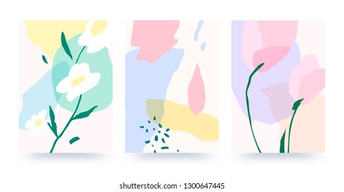 Abstract flowers pattern set. Floral modern background in soft pastel colors. Geometric trendy illustration, vector EPS10.