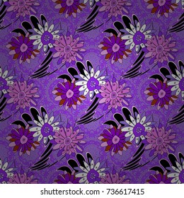 Abstract flowers pattern in white, violet and black colors. Retro design. Seamless floral pattern, delicate flower vector wallpaper, wildflowers, tansy.