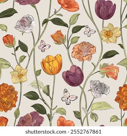 Abstract Flowers in Patterns in Vibrant Shades in Pattern Vector Repeat for Shirt Designs, Wrapping, and Wallpaper.
