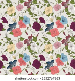 Abstract Flowers in Patterns in Vibrant Shades in Pattern Vector Repeat for Shirt Designs, Wrapping, and Wallpaper.
