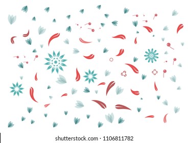Abstract flowers and plants background. Flowers and leaves separated in different layers easy to use and edit. Red flowers with green leaves and white background. Endless flowers flowing background.