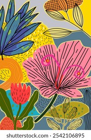 Abstract flowers, plants, floral, nature hand drawn vector illustration. Aesthetic modern nature background for interior, cover, poster, pattern, textile and fabric.