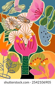 Abstract flowers, plants, floral, nature hand drawn vector illustration. Aesthetic modern nature background for interior, cover, poster, pattern, textile and fabric.