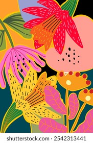 Abstract flowers, plants, floral, nature hand drawn vector illustration. Aesthetic modern nature background for interior, cover, poster, pattern, textile and fabric.