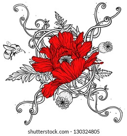 Abstract flowers, Poppies isolated, Hand drawn illustration, sketch