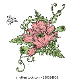 Abstract flowers, Poppies isolated, Hand drawn illustration, sketch