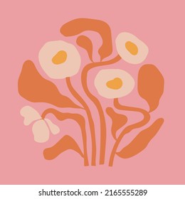 Abstract flowers poster in groovy trippy funky style. Organic shapes aesthetic wall art in trendy pink pallete. Curvy psychedelic summer floral decoration.