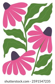 Abstract flowers poster in minimalist style. Modern botanical print with hand drawn coneflowers and leaves. Isolated vector illustration