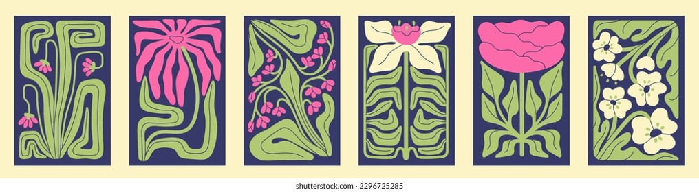 Abstract flowers posters set. Modern botanical wall art, interior cards with whimsical strange stylized floral plants, blooms, leaves. Vertical nature, garden placards. Flat vector illustrations