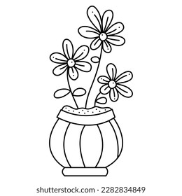Abstract flowers in a pot second. Doodle vector black and white illustration.