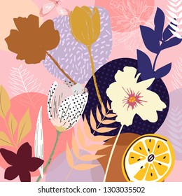  Abstract flowers print pattern flowers and fruit lemon