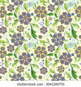 Abstract flowers random seamless pattern. Pretty ornamental floral motifs irregular repeat surface design. Bright vivid embroidery style endless texture. Greeting card or copybook cover background.