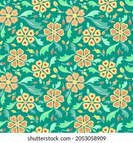 Resumen de flores aleatoriamente sin costuras. Los motivos florales ornamentales de corte moderno repiten el diseño de la superficie. Colores alegres estilo bordado textura interminable. Fondo de la portada de la tarjeta de felicitación o del libro de copybook.