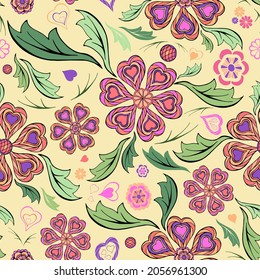 Abstract flowers random seamless pattern. Pretty ornamental floral motifs irregular repeat surface design. Pastel colors embroidery style endless texture. Greeting card or notebook cover background.