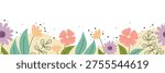 Abstract flowers seamless horizontal border, for card design, fabric print, web banner, holiday decor