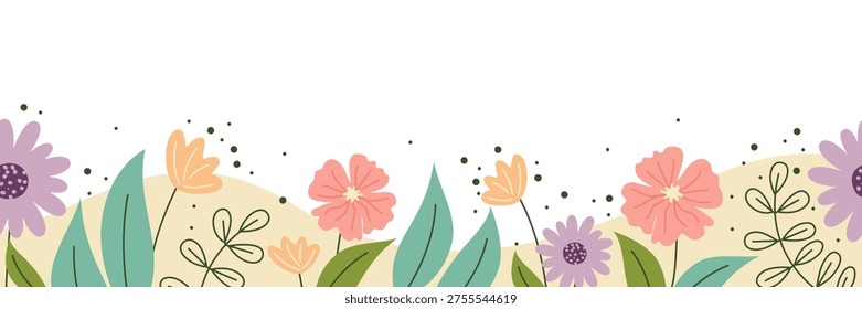 Abstract flowers seamless horizontal border, for card design, fabric print, web banner, holiday decor