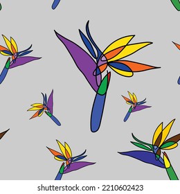 Abstract flowers seamless pattern. Beautiful design for cloth, paper, background, and wallpaper. Abstract bird of paradise in grey background. 