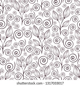 Abstract flowers seamless pattern, black and white outline hand drawing, linear illustration, vector monochrome background. Flower closed buds, stalks and spiral curls lace brown on white backdrop