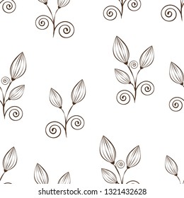 Abstract flowers seamless pattern, black and white outline hand drawing, linear illustration, vector monochrome background. Flower closed buds, stalks and spiral curls lace brown on white backdrop