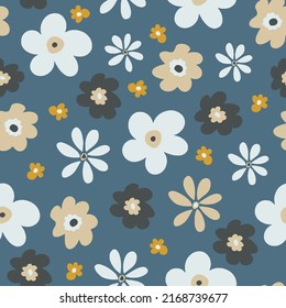 Abstrakte Blumen nahtloses Muster. Nahtlose Blumenmuster auf blauem Hintergrund. Vektorgrafik. Ditsy bunter Blumenmuster.