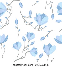 Abstract  flowers seamless pattern. Floral blue blooming on a white background. Art botanical vector background, design for fashion, fabric, wallpaper