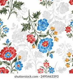 Abstract flowers seamless pattern, floral background. Fantasy multicolored flowers branch on a white backdrop. For the design of the fabric, wallpaper,fashion prints.