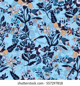 Abstract flowers seamless pattern, floral background. Fantasy multicolored flowers on a blue backdrop. For the design of the fabric, wallpaper, prints. Vector illustration in style of boho