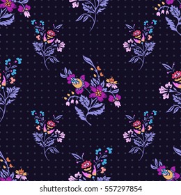 Abstract flowers seamless pattern, floral vector background. Fantasy multicolored flowers and polka dot. For the design of the fabric, wallpaper, wrapper, prints, decoration
